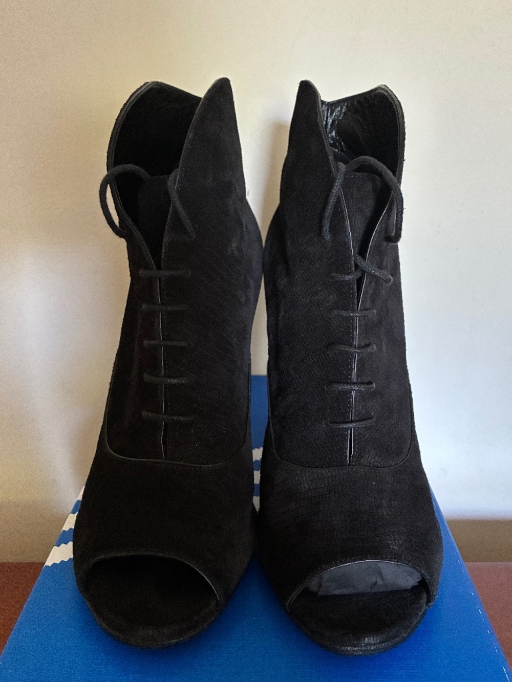 Pre-owned YSL Black Nubuck Lace Up Peep Toe Booties Size 38.5